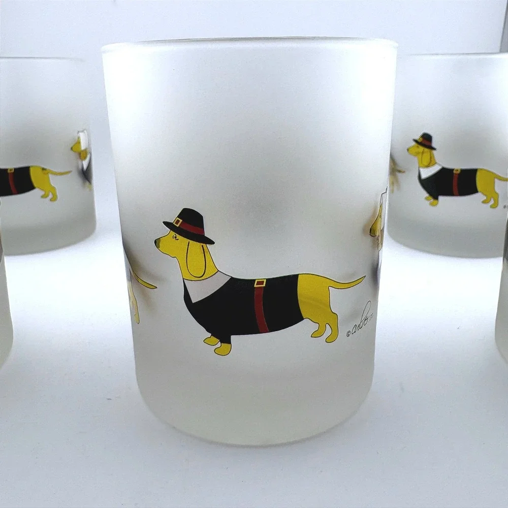 Culver Ltd Thanksgiving Pilgrim Dachshund Frosted Glass Tumblers Set of 6